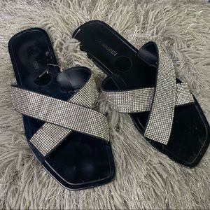 Steve Madden MEH10201 rhinestone crisscross black Flat Sandal jellies.